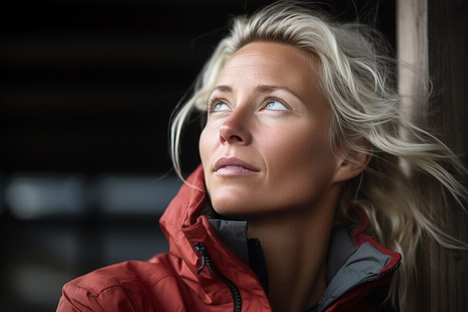 La photo montre une femme aux cheveux blonds platine, apparemment perdue dans ses pensées. Elle a des traits fins et une peau claire, illuminée par une lumière douce qui semble provenir de sa droite. Ses yeux bleus, clairs et brillants, sont levés, comme si elle contemplait quelque chose hors du champ de la photo ou qu'elle était plongée dans une profonde réflexion. Ses cheveux, mi-longs et légèrement ondulés, sont emportés par une légère brise, donnant une sensation de mouvement à l'image.