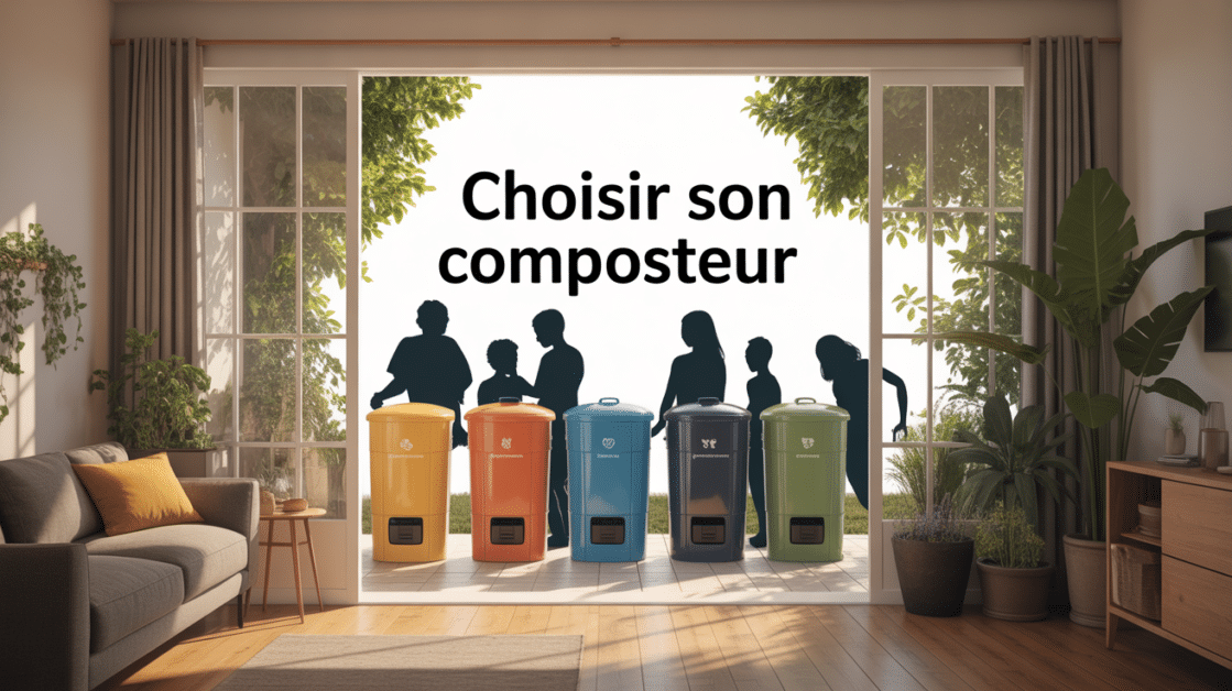 Vue composteurs appartement balcon jardin silhouettes famille