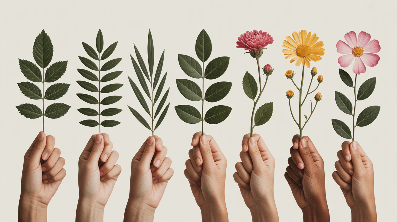 mains tiennent feuilles differents types