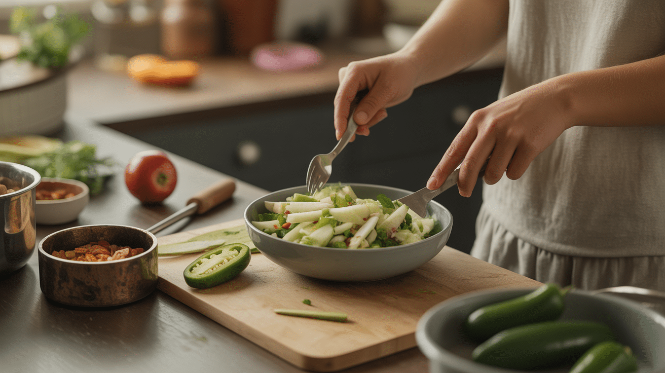 Préparation culinaire familiale avec jicama jalapeno jacquier en cuisine