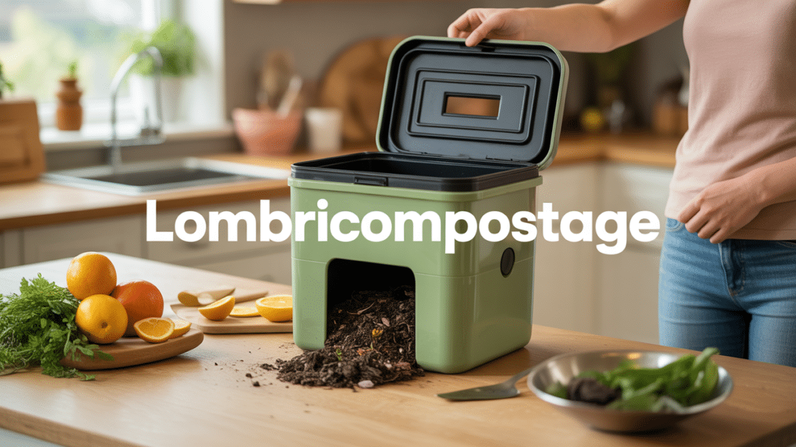 Illustration lombricomposteur ouvert avec vers de compost en cuisine