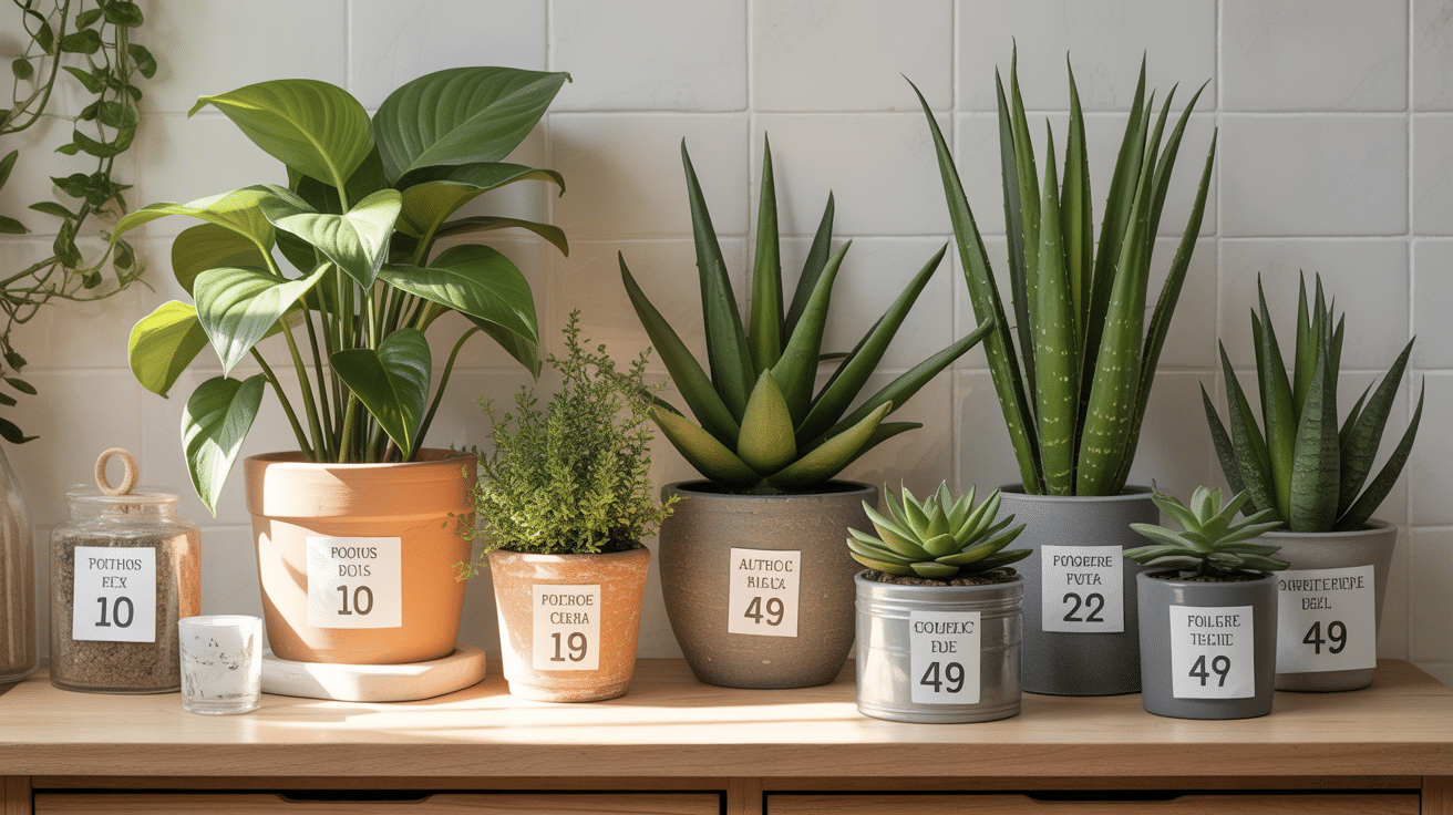 Collection de plantes salle de bain pothos spathiphyllum aloe sur meuble