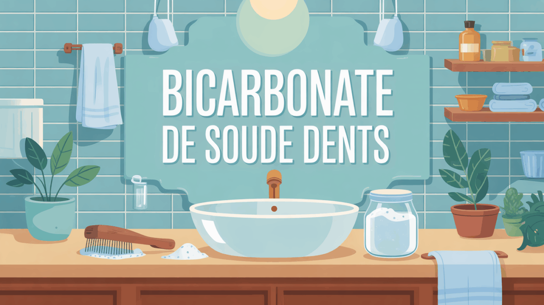 Brosse a dents et poudre bicarbonate de soude dans salle de bain