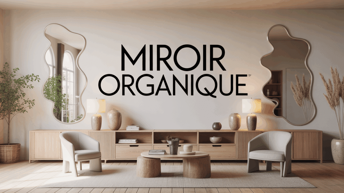 Salon avec miroirs organiques galet et vague, ambiance naturelle