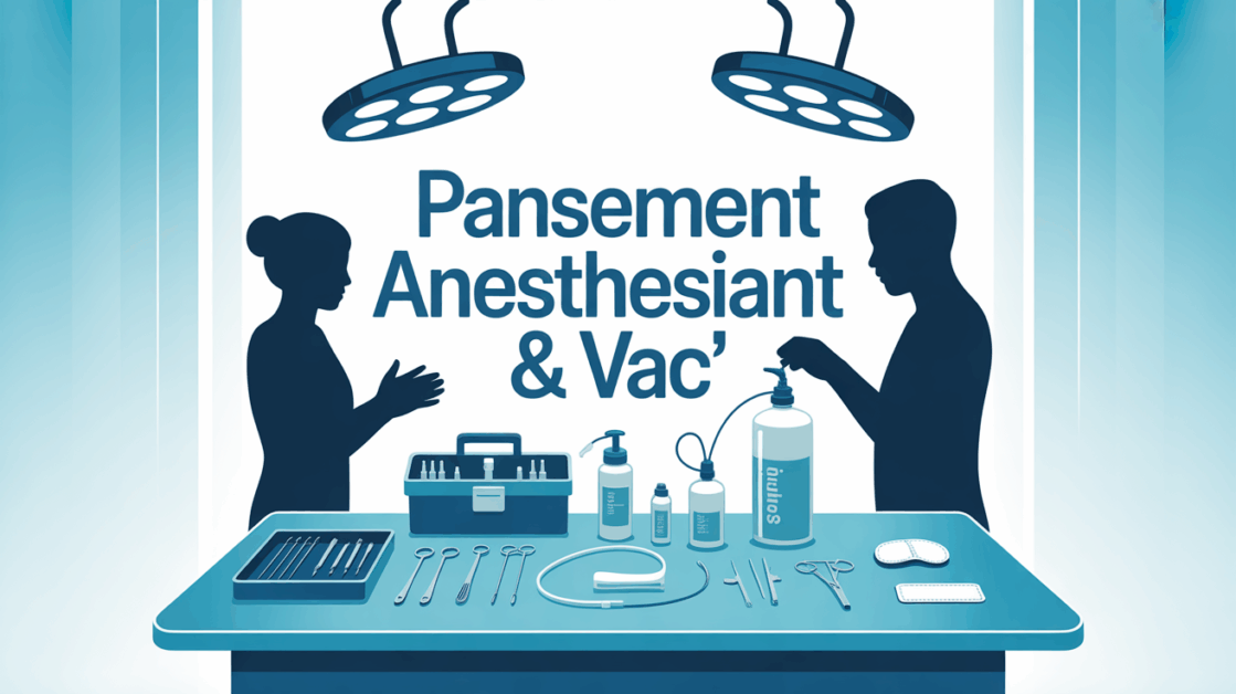 vue stylisee pansement anesthesiant VAC sur table medicale avec enfant et adulte