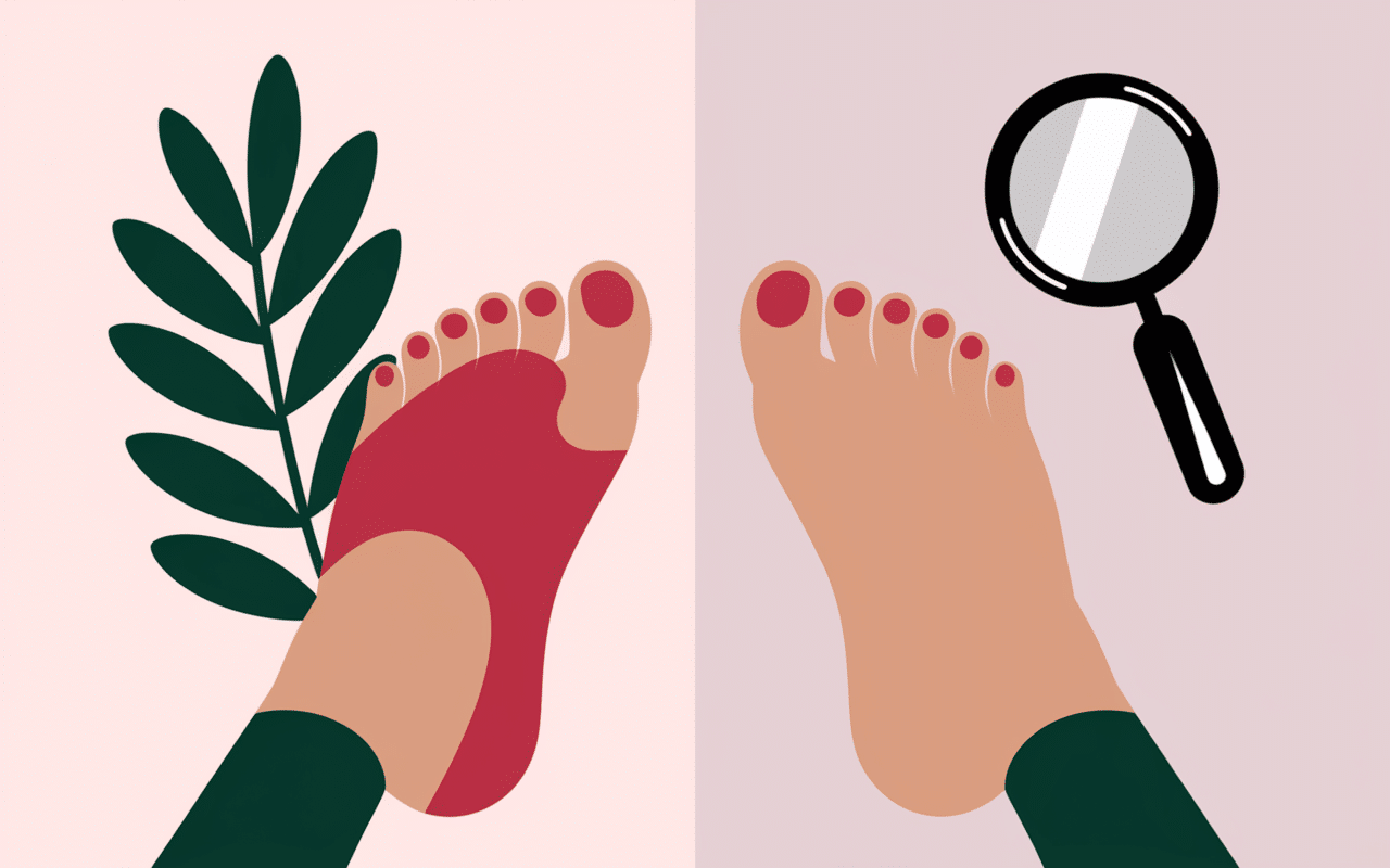 Comparaison pieds diabétiques zone rouge auto-examen loupe miroir