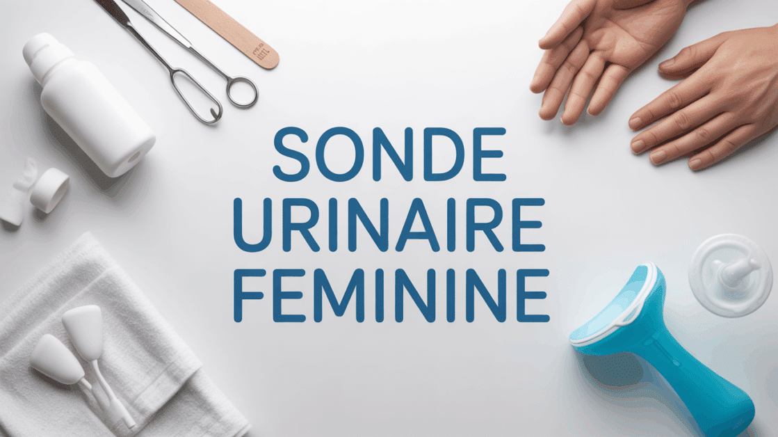 Sonde urinaire feminine, gants, gel et drap sur table medicale
