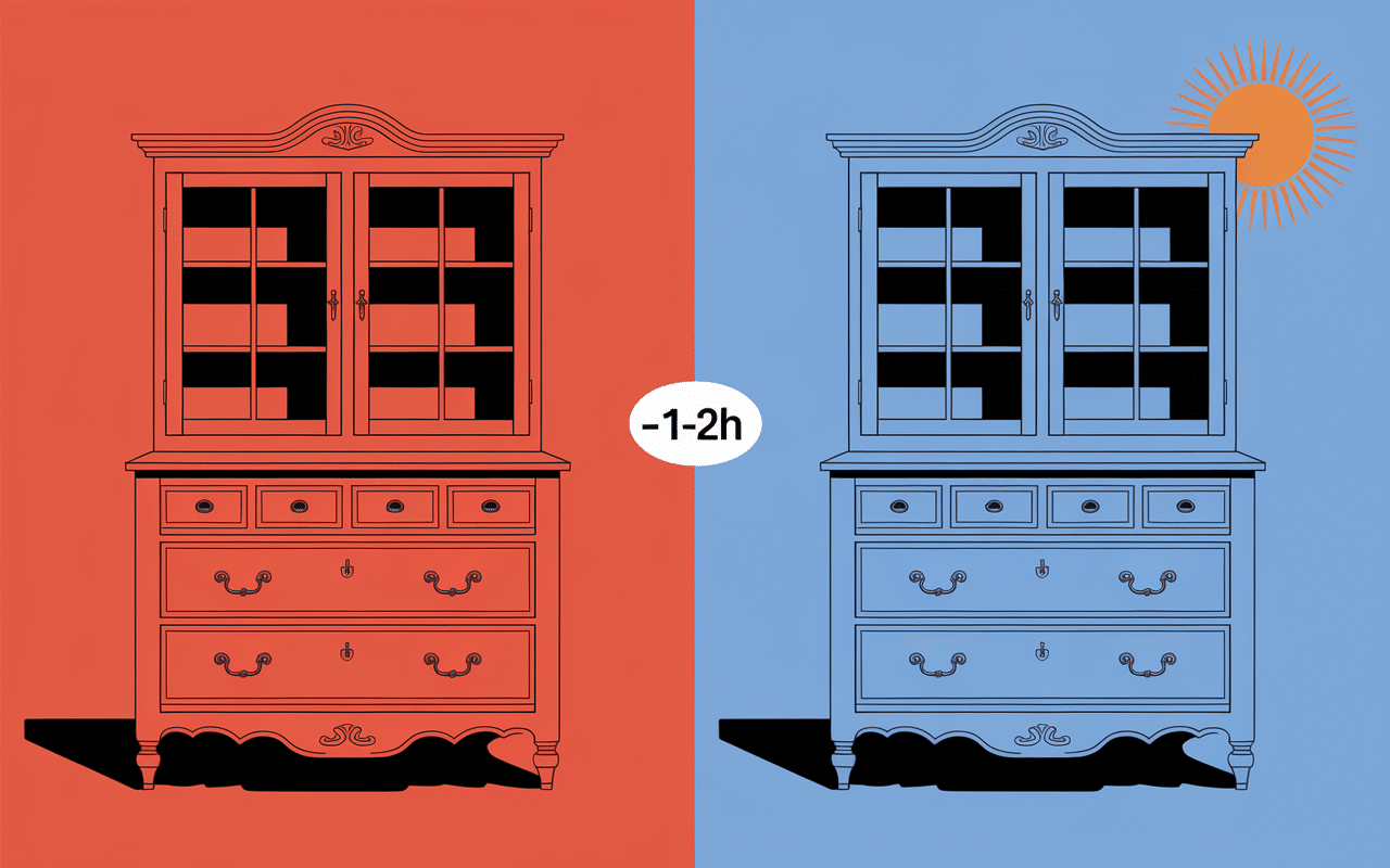 Commode avant abîmée et après relooking bleu ciel doré