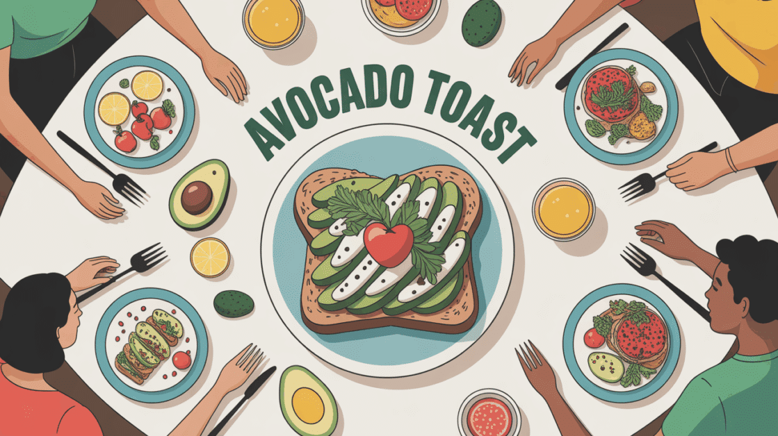 Table de brunch avec avocado toast au centre, ambiance conviviale