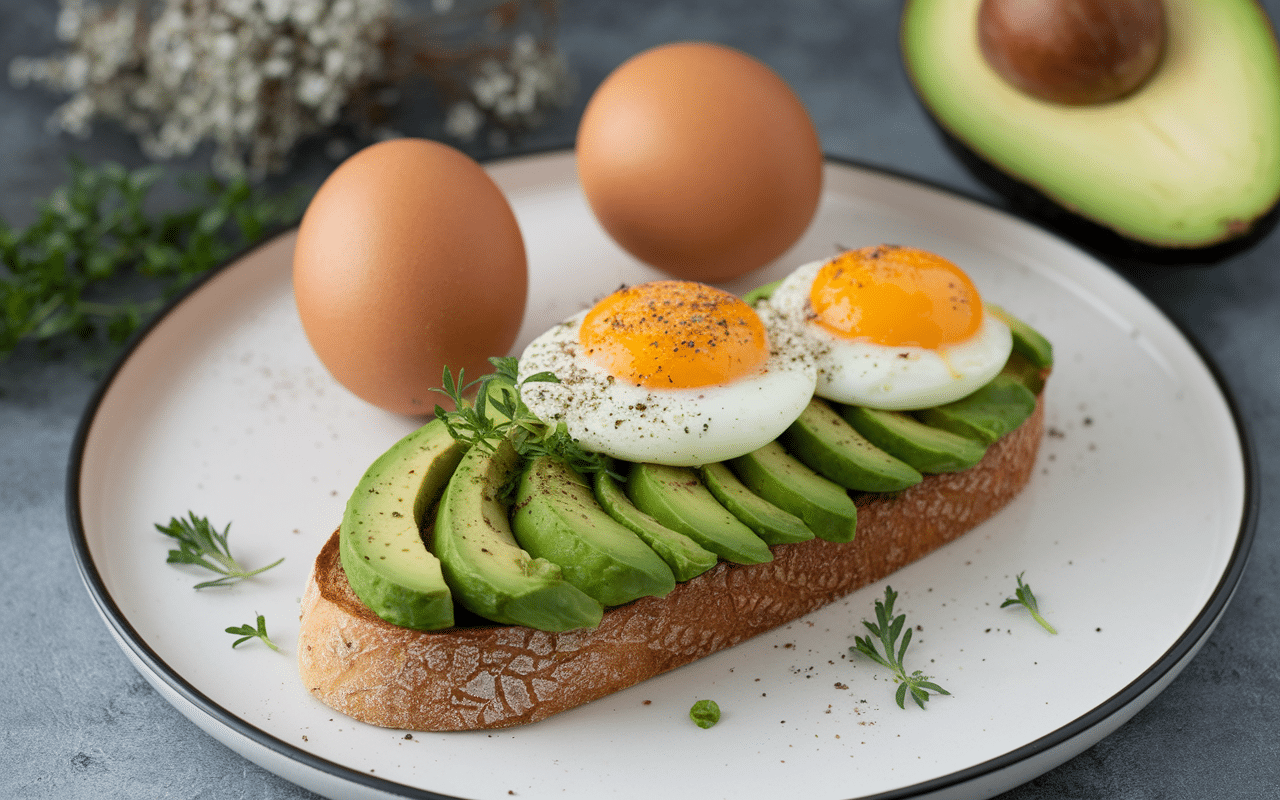 Avocado toast pain grille oeuf poché herbes fraiches sur assiette