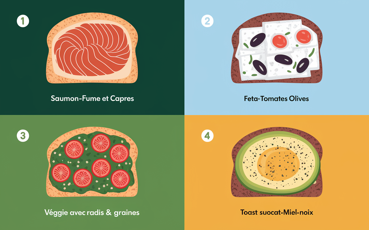 Quatre avocado toasts differents etiquetés selon topping