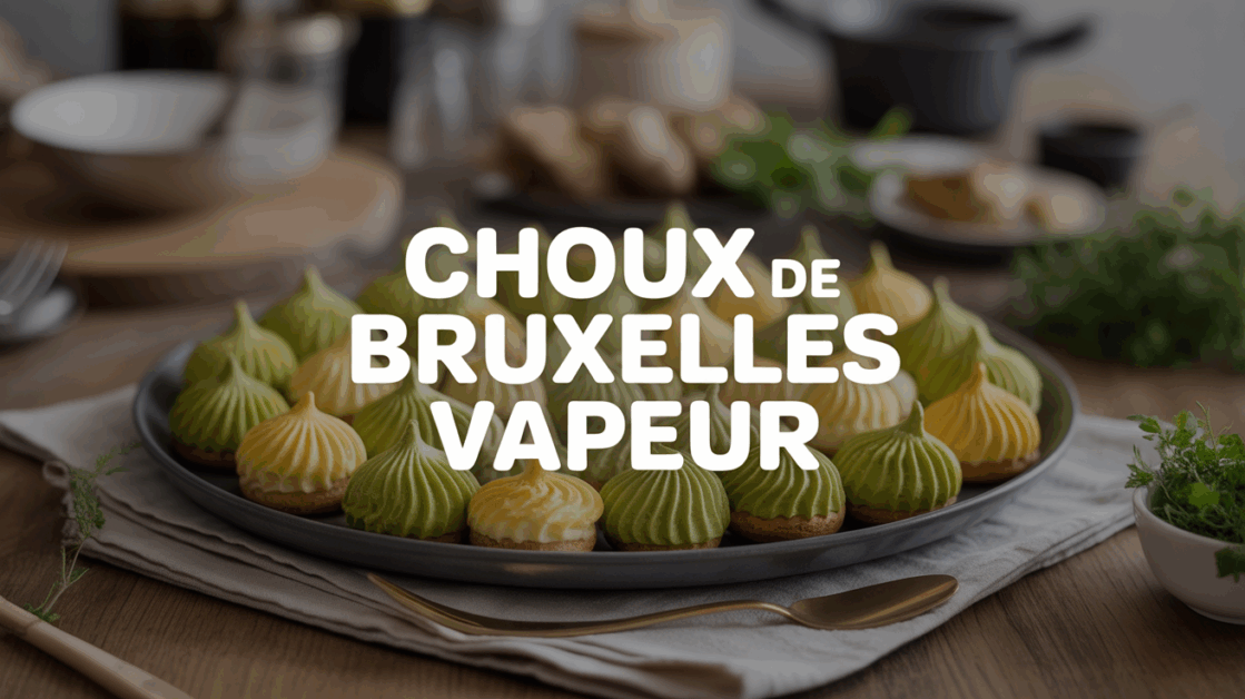 Assiette de choux de Bruxelles vapeur, verts, brillants, ambiance cuisine maison