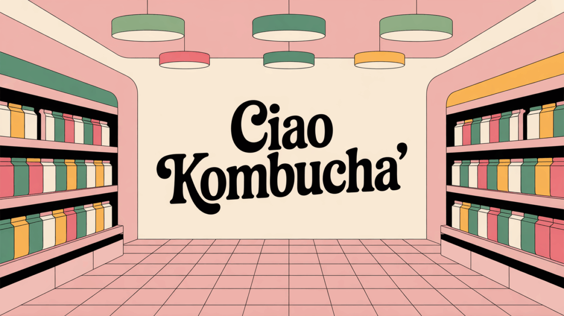 Ciao Kombucha canettes en rayon supermarché stylisé