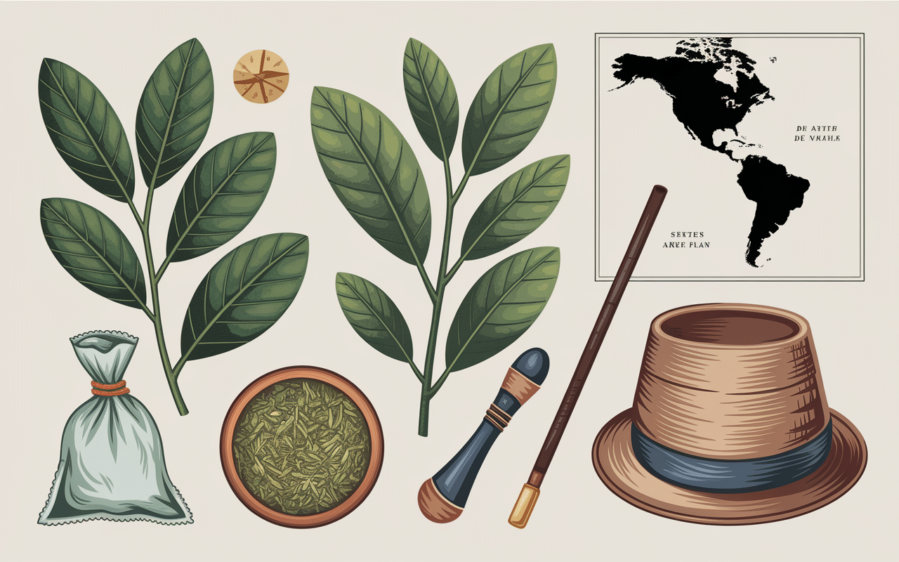 Feuilles ilex paraguariensis et carte Amerique Sud