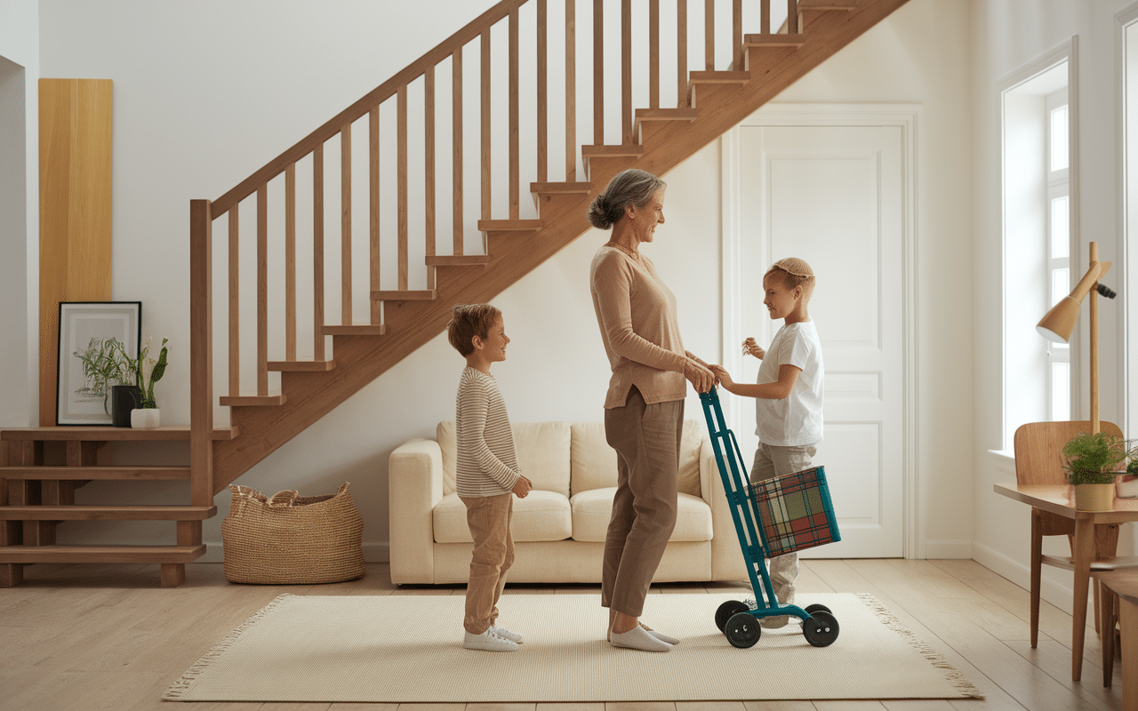 Personne âgée utilisant monte charge maison courses