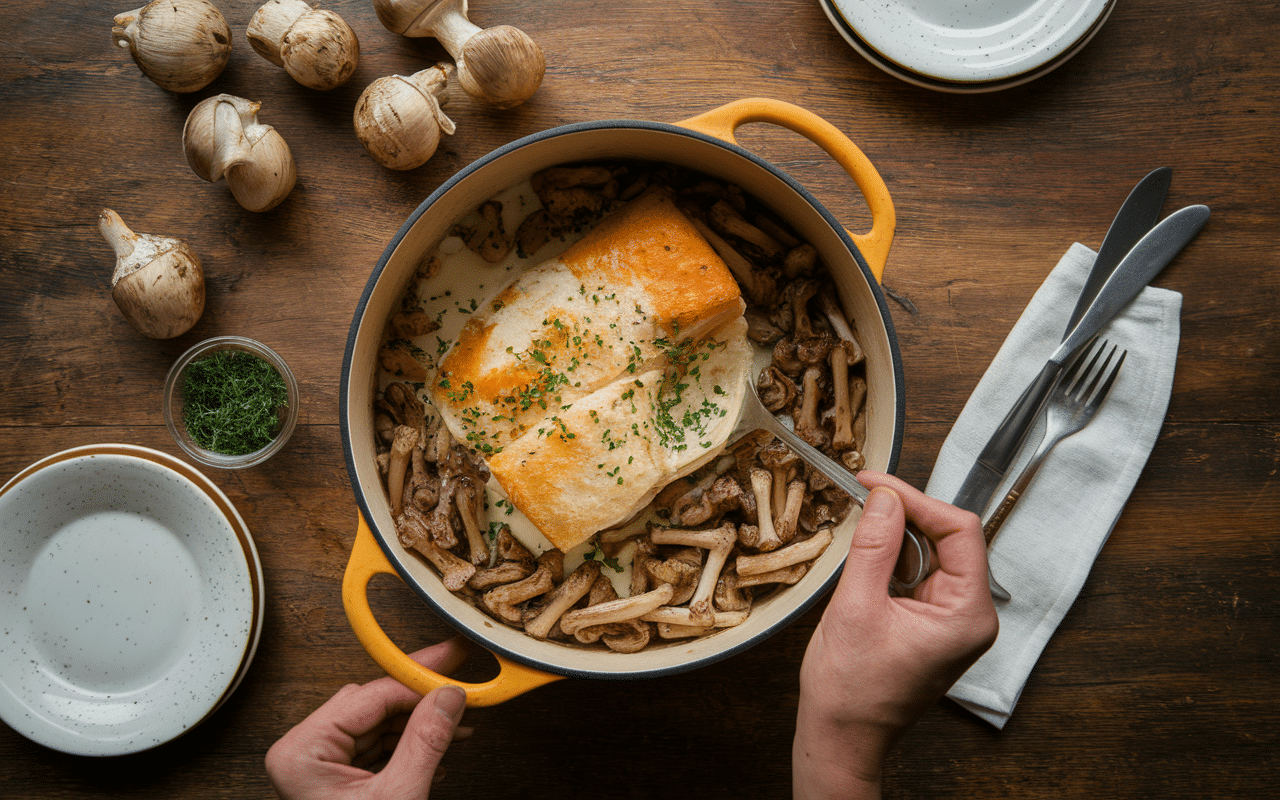 Cocotte avec pintade en cocotte, sauce crème et girolles