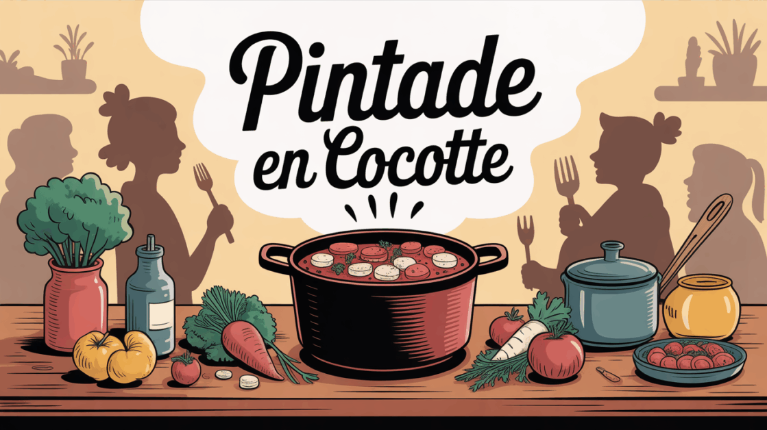 Table familiale avec cocotte de pintade en cocotte, ambiance conviviale