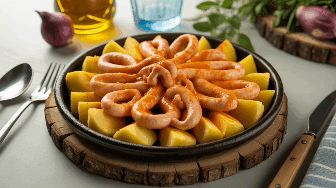 Plat pulpo a la gallega sur assiette bois paprika huile