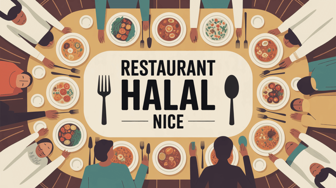Illustration restaurant halal Nice, grande table conviviale, ambiance chaleureuse