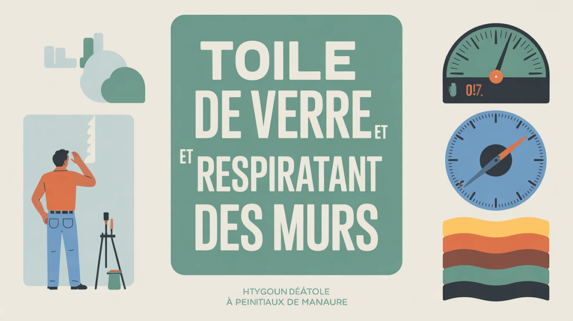 Toile de verre sur mur sain avec hygromètre et outils, ambiance claire