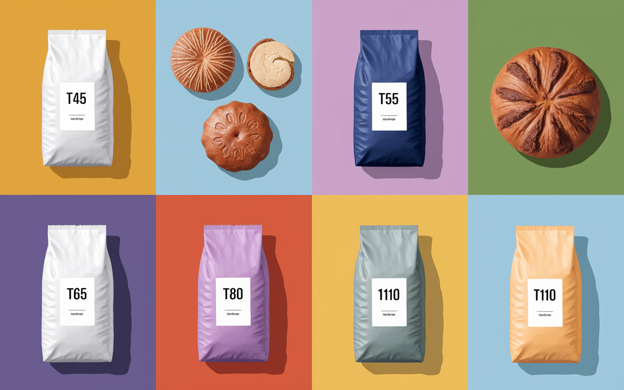 six sacs de farine de froment t45 à t150 avec produits typiques