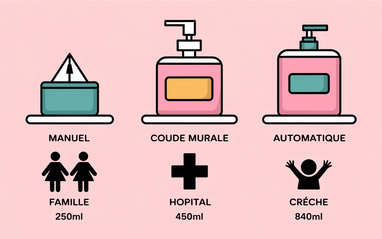 illustration distributeurs savon manuel coude automatique usages volumes