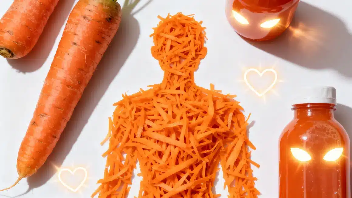 Carottes et pictogrammes représentant vue peau fibres cœur