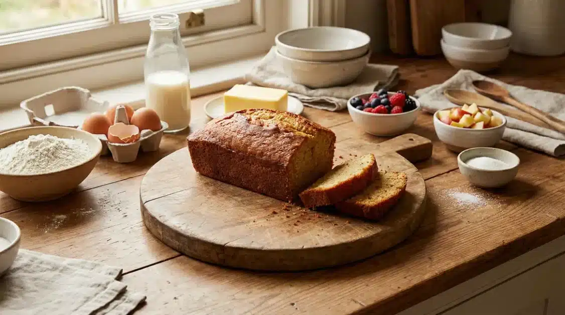 cake maison moelleux doré entouré ingrédients cuisine