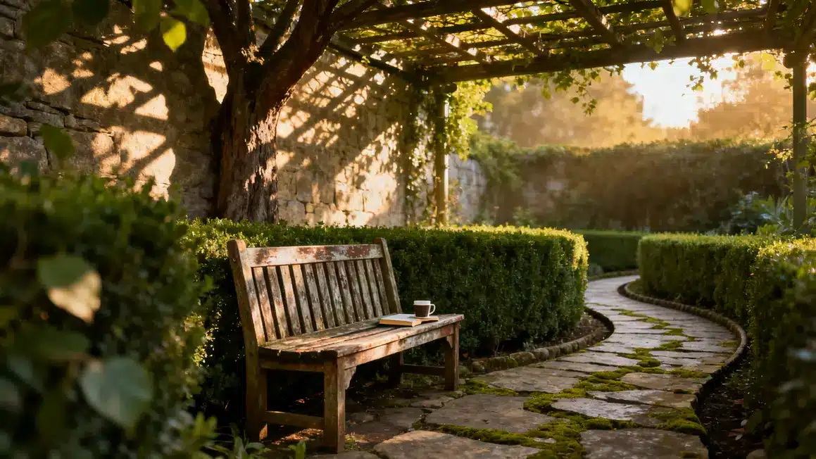 Espace détente jardin mi-ombre pergola haie