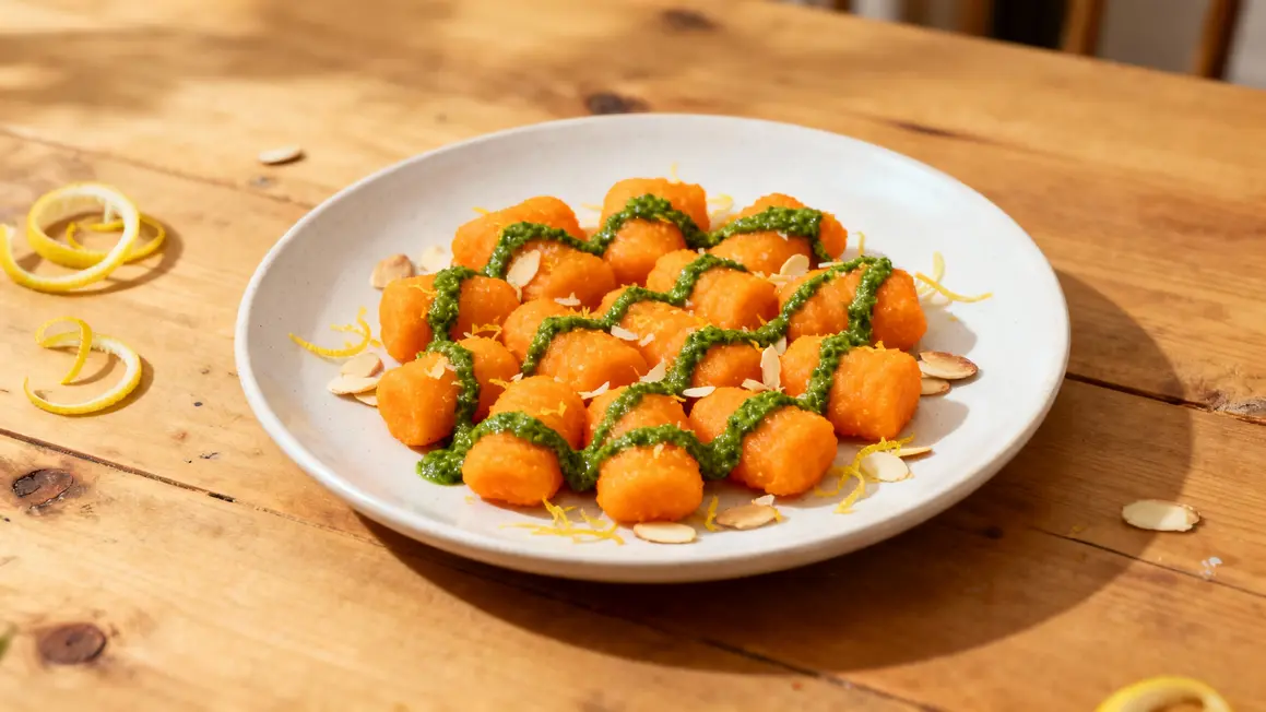 Assiette de gnocchis carotte orange pesto citron amandes