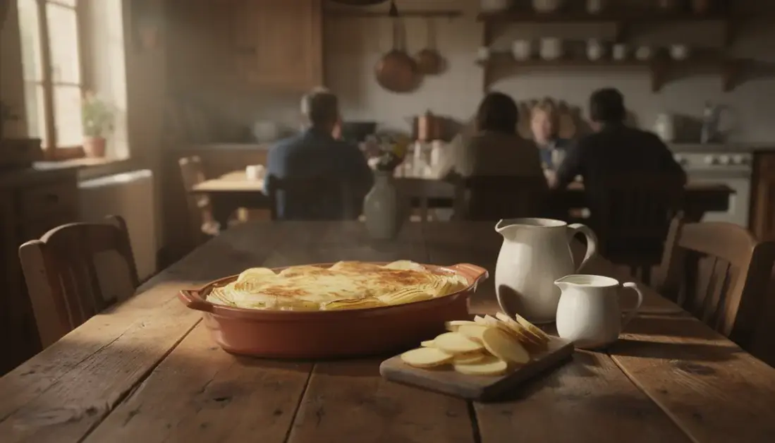 gratin dauphinois traditionnel sur table familiale ambiance cuisine rustique