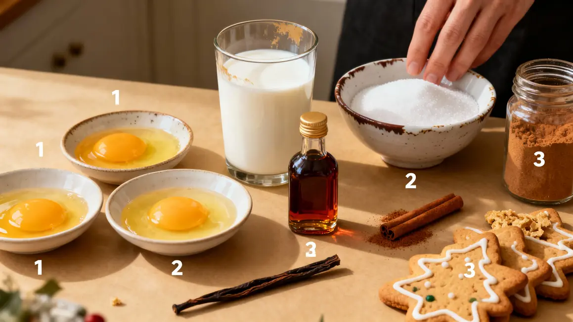 Ingrédients lait de poule maison présentés séparément