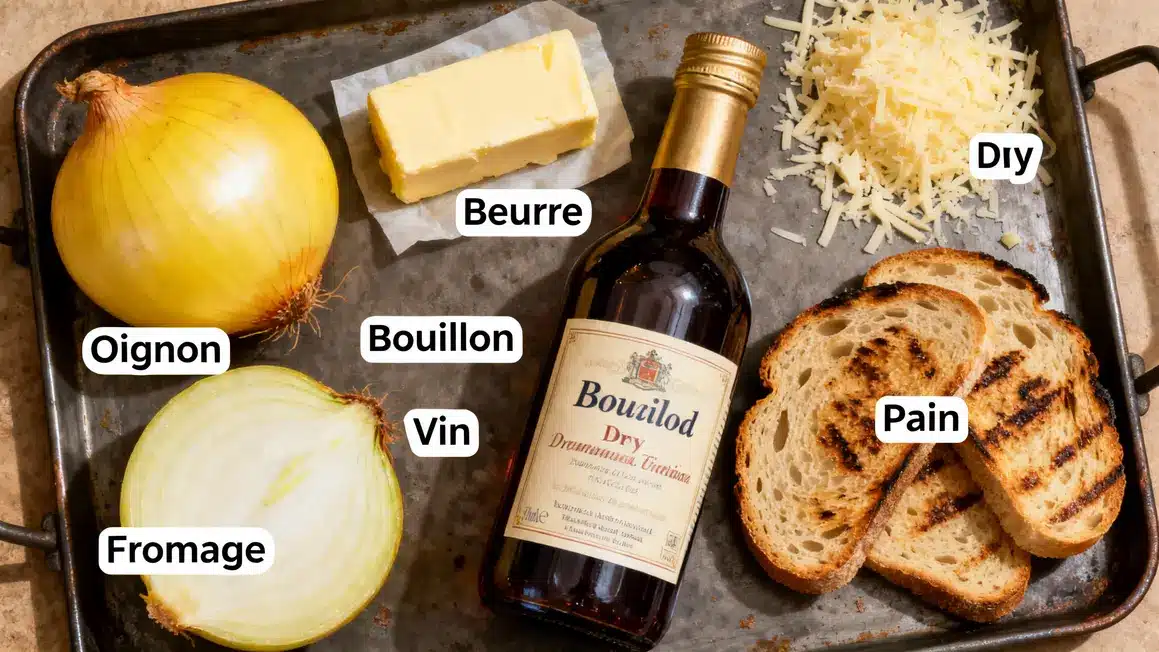 Plateau d'ingrédients pour soupe à l'oignon gratinée, vue dessus