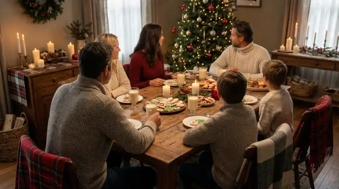 Verres de lait de poule sur table de fête d'hiver