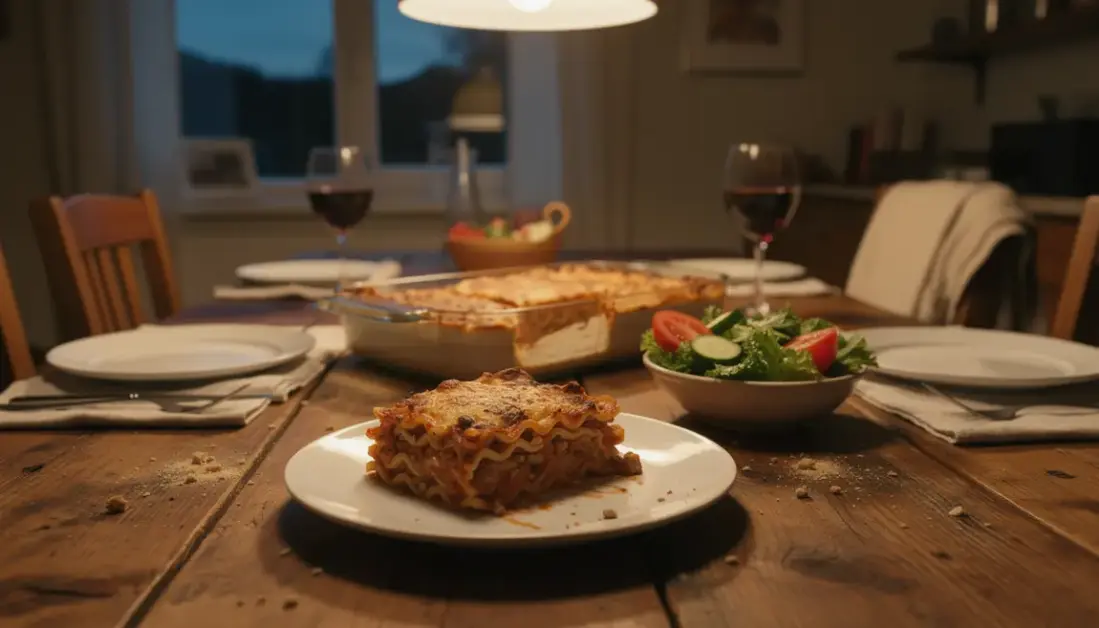 Plat de lasagnes coupees sur table familiale avec salade et vin rouge