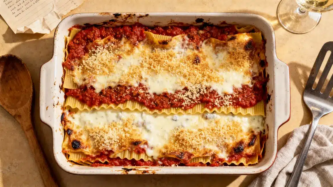 Lasagnes italiennes classiques vues du dessus dans un plat