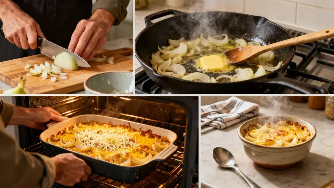 Montage étapes soupe à l'oignon gratinée, éminçage à gratinage