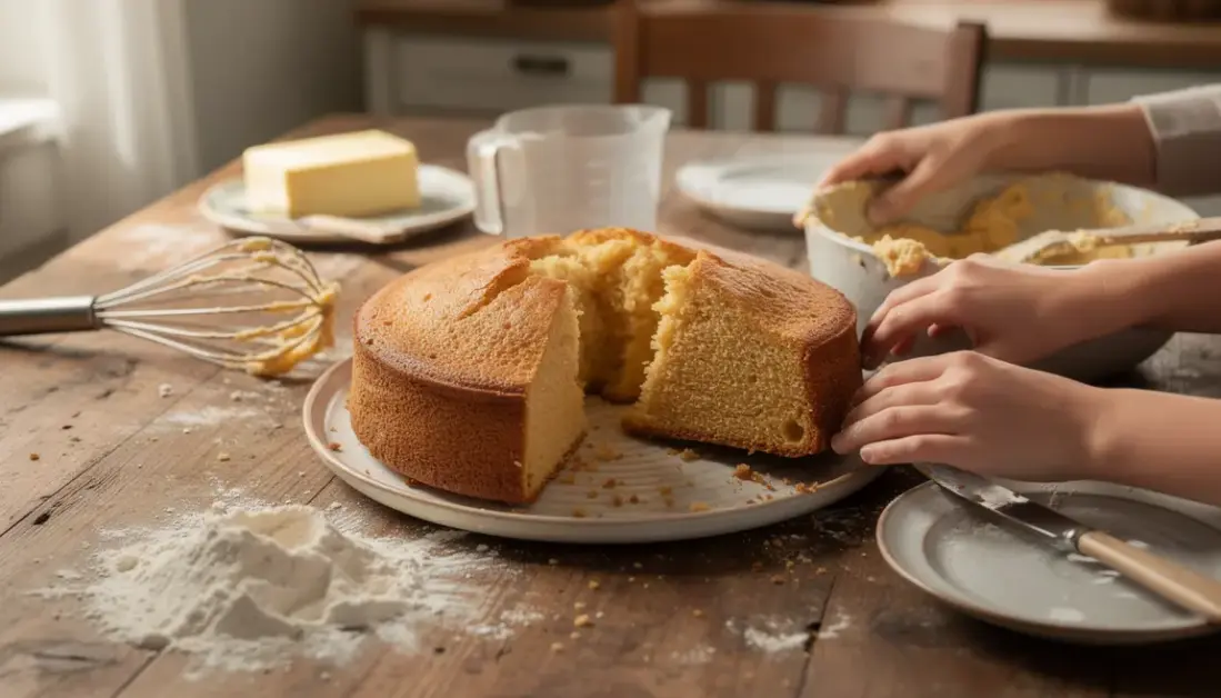 Quatre-quarts doré partagé en famille sur table de cuisine