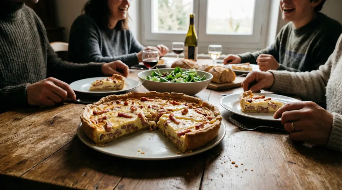 Quiche lorraine familiale garnie lardons et salade