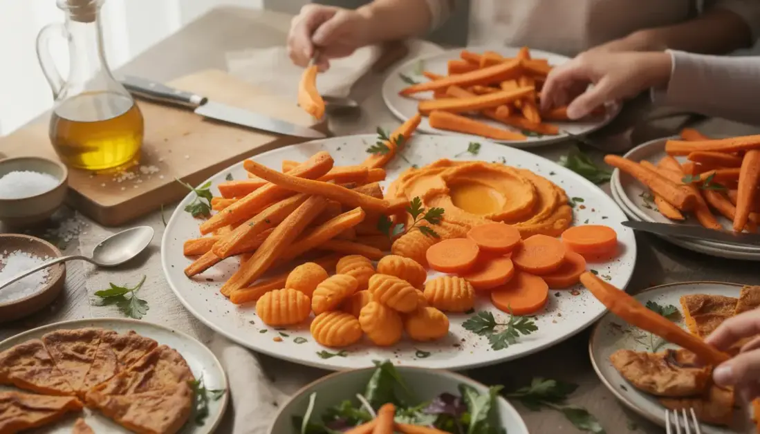 Assiette conviviale de carottes en frites gnocchis purée galettes