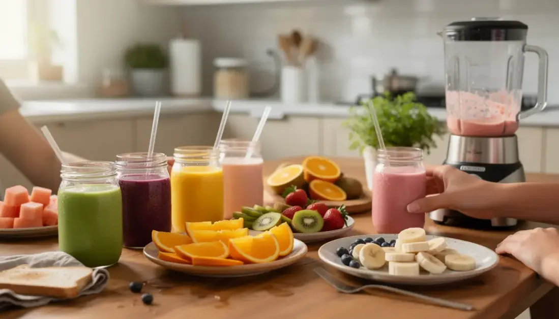assortiment smoothies vitaminés sur table petit déjeuner