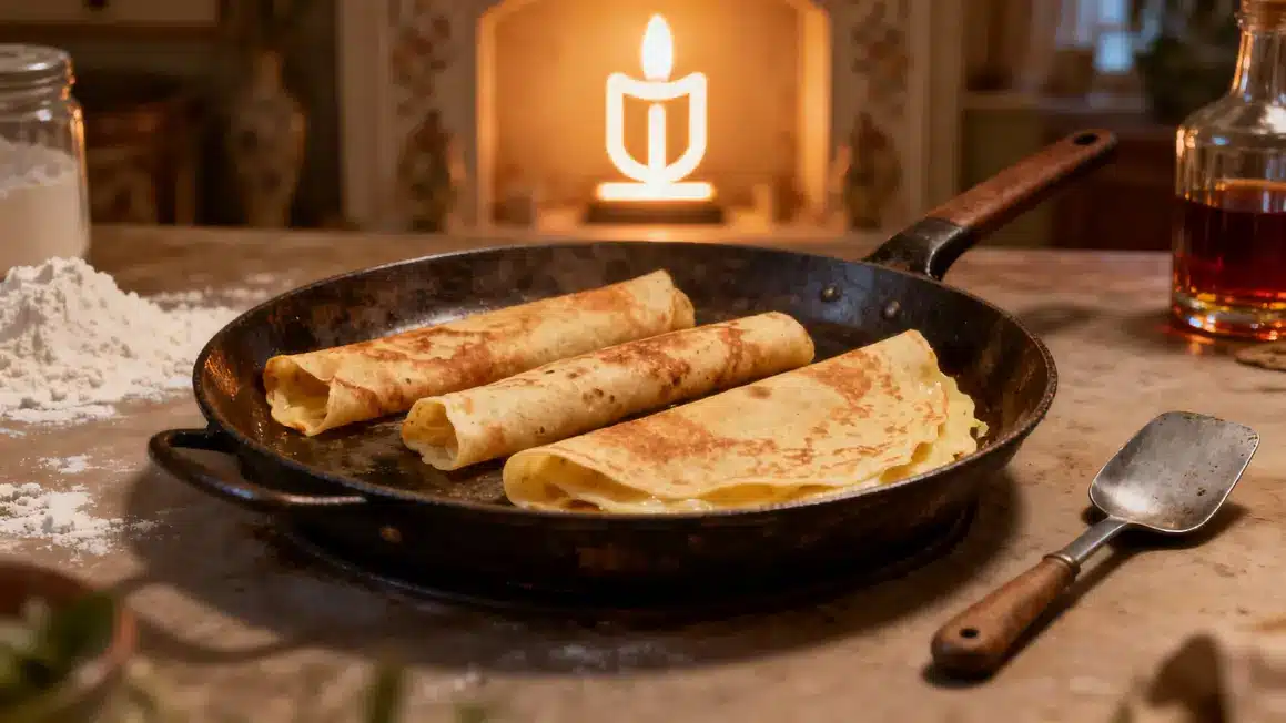 Crêpes maison Chandeleur sur poêle pièce ambiance chaleureuse