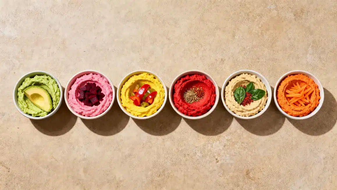 Bols houmous maison en six couleurs avec ingrédients