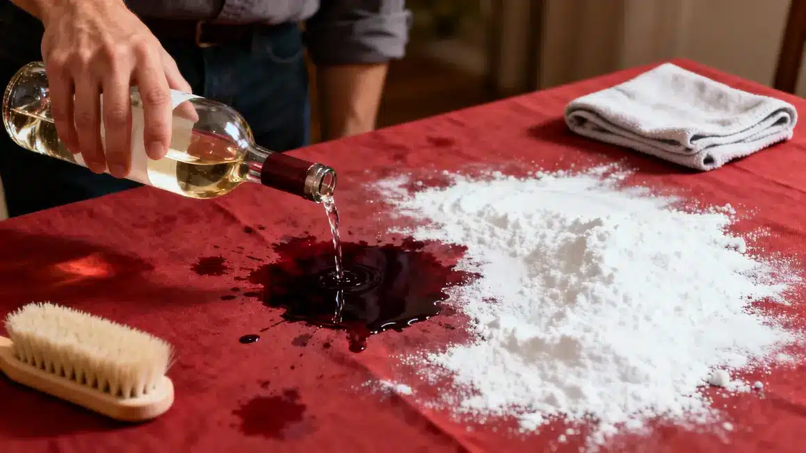 application vin blanc et bicarbonate sur tache de vin rouge