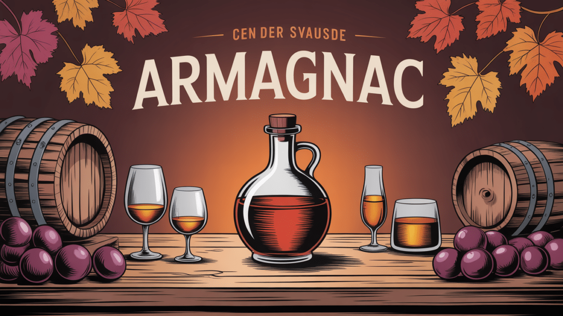 Bouteille d'armagnac sur table, tonneaux et vignes