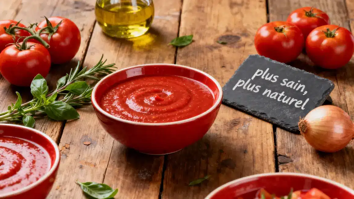 Coulis de tomate maison sain bol rouge ingrédients frais huile d olive basilic