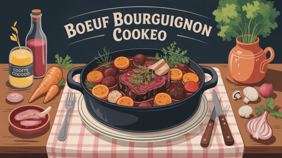 boeuf bourguignon cookeo servi en famille sur table rustique
