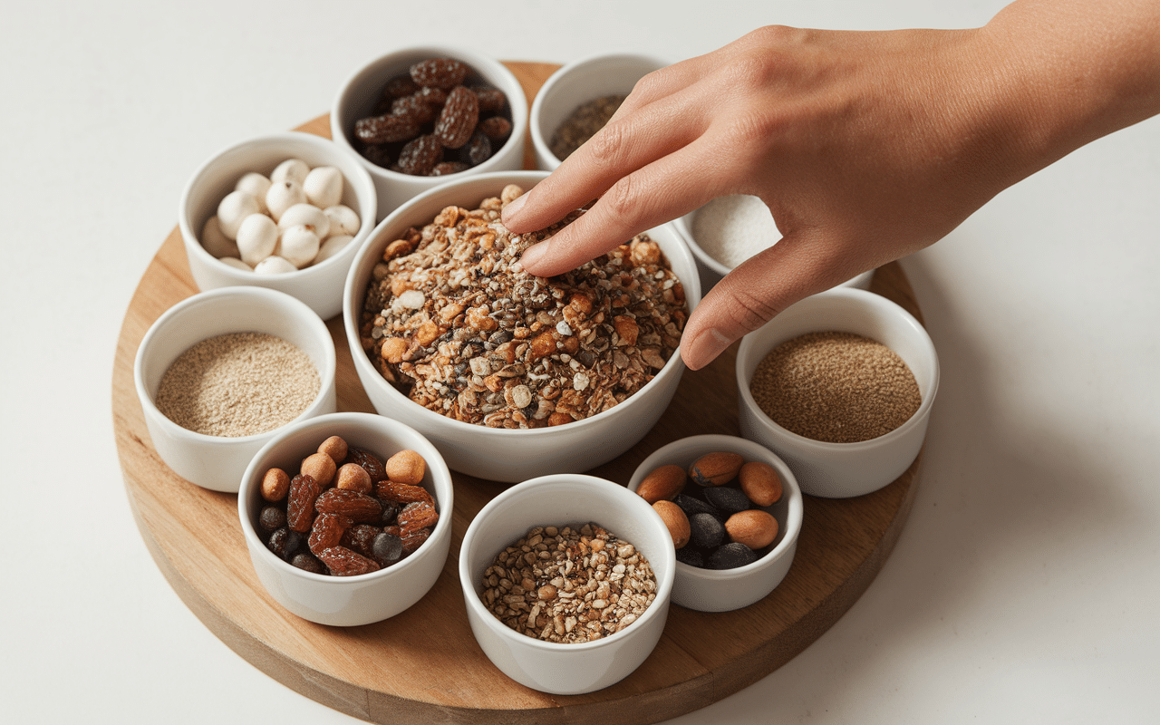 Muesli maison ingrédients sur planche
