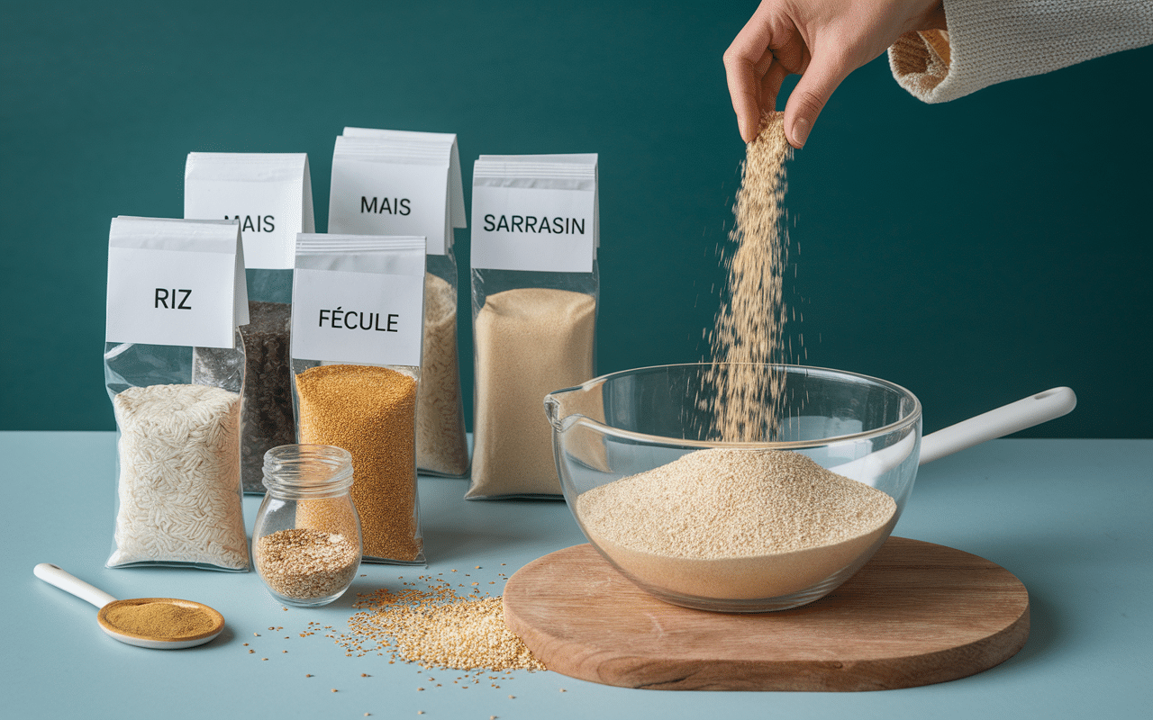 Sachets et bocaux de farine sans gluten en cuisine