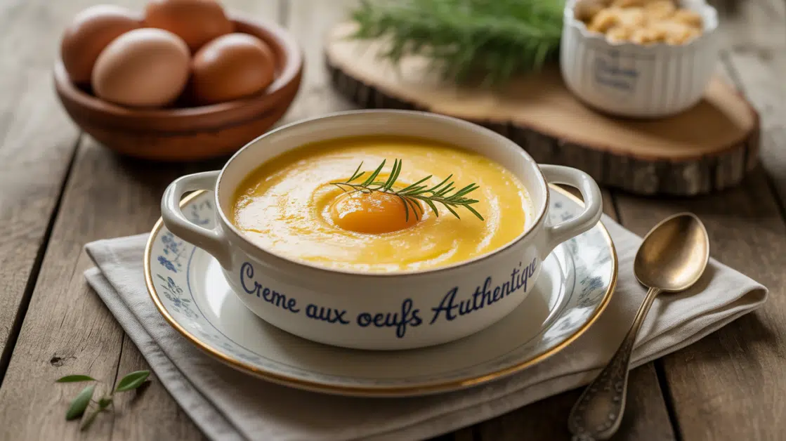 Gros plan creme aux oeufs dorée en poterie rustique